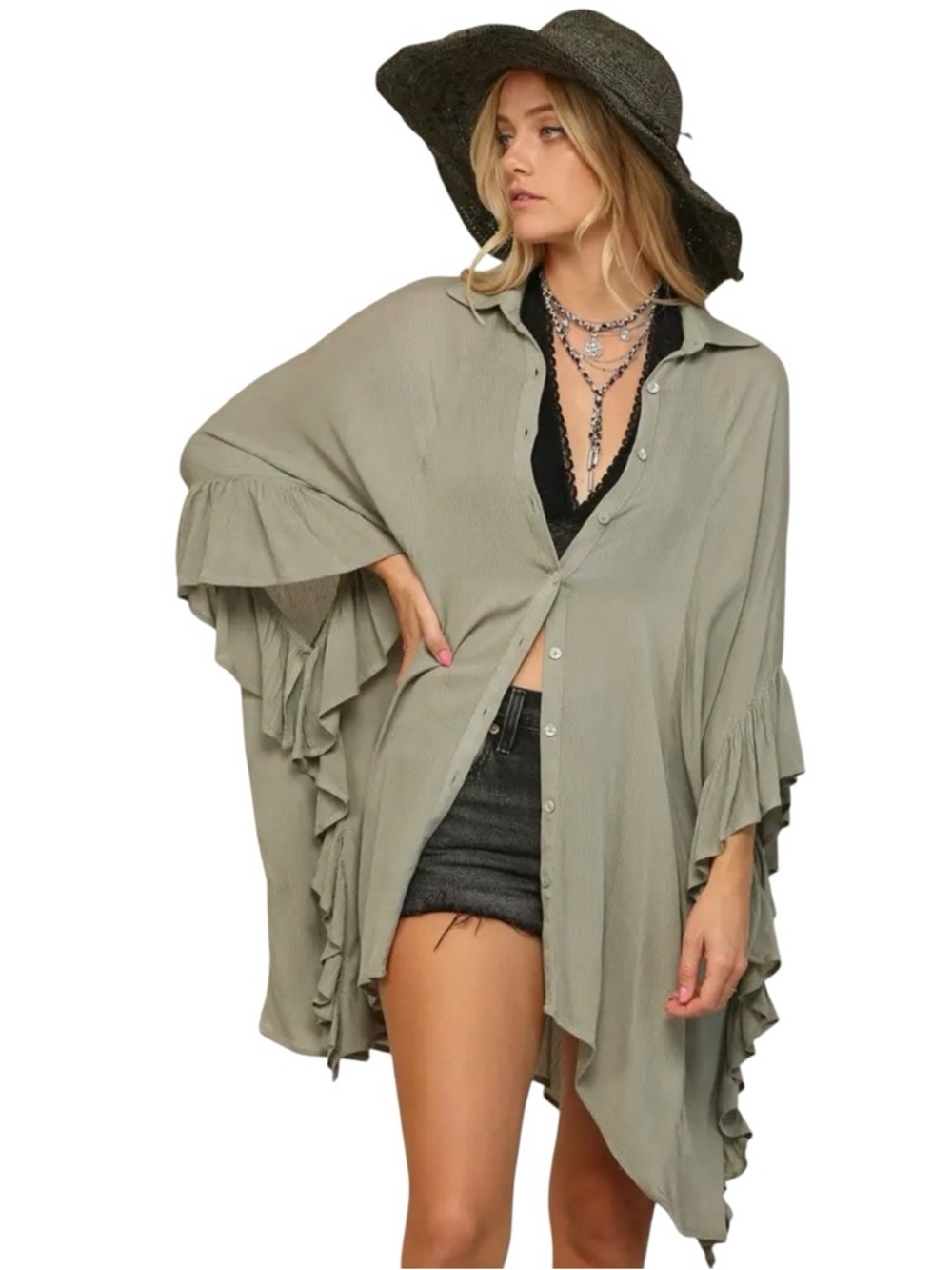 New Kyemi Light Olive Ruffle Sleeve Rayon Crinkle Oversize Fit Button Up Shirt